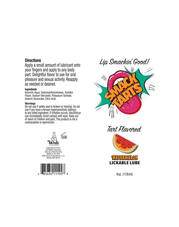 Lubricants Little Genie Smack Tarts 4oz Lickable Flavored Lubricant Watermelon